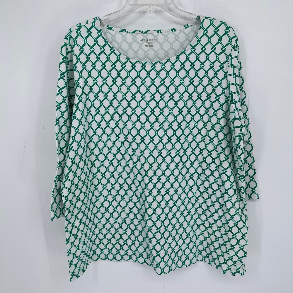Appleseed's Women's Green Geometric Chain Print 3/4 Sleeve Knit Top Plus Size 2X